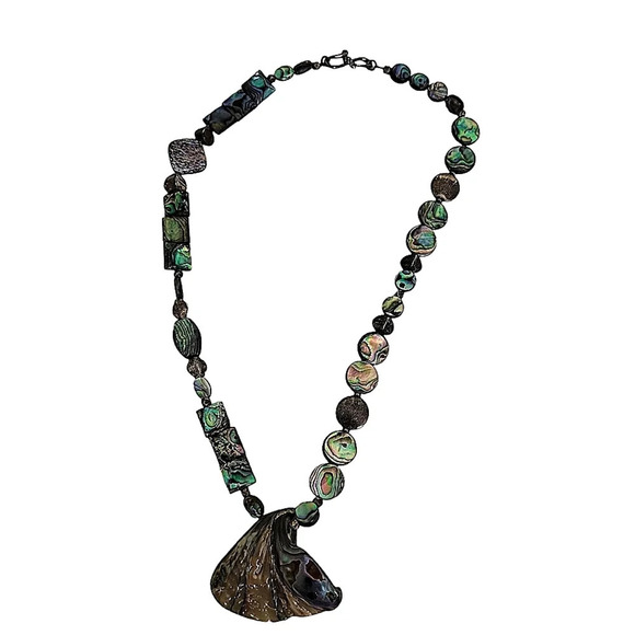 Vintage Abalone Square Pendant Necklace Chunky - Picture 2 of 2